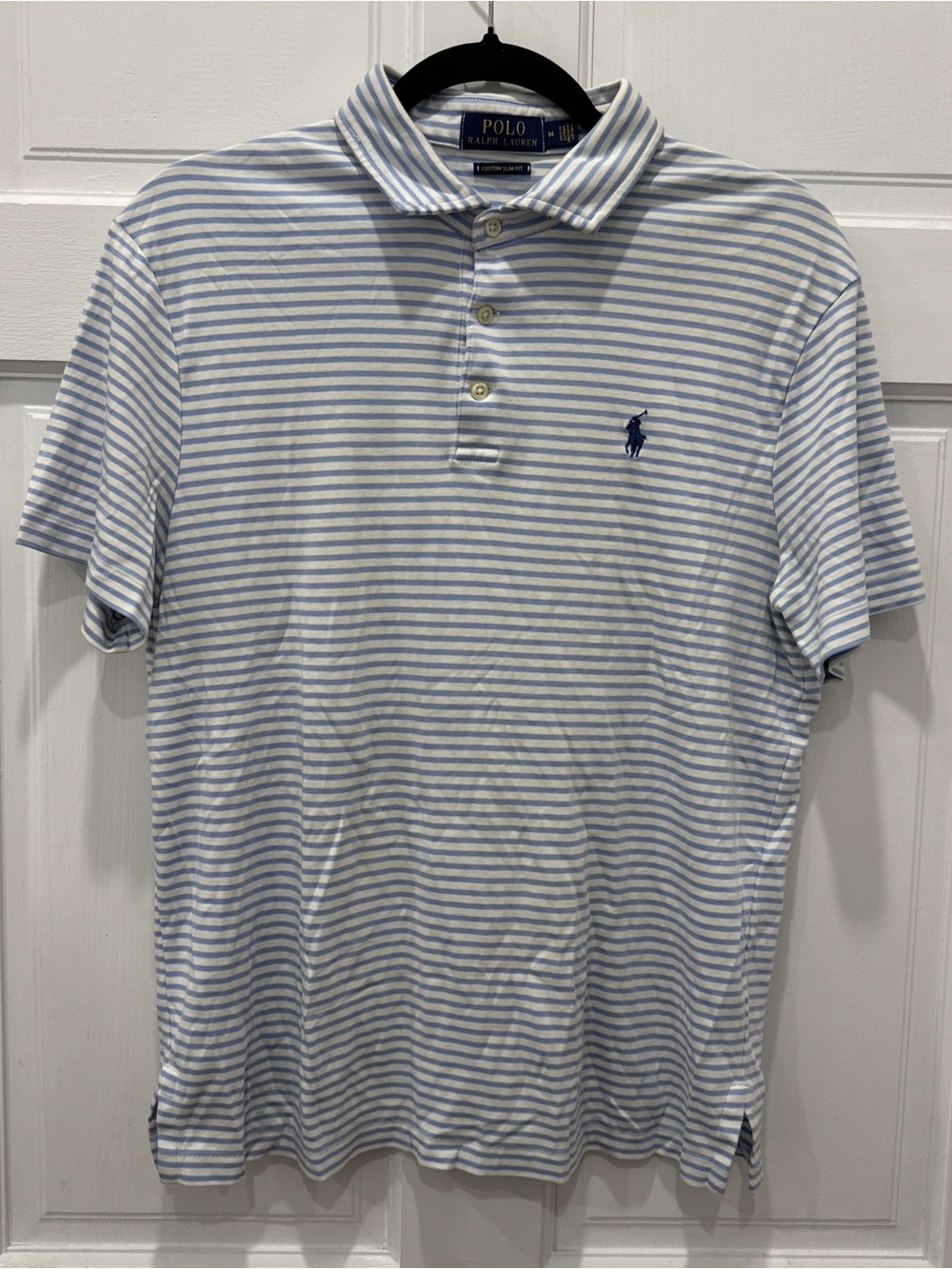 Polo Ralph Lauren Blue White Striped Custom Slim Fit Polo Shirt M Preppy